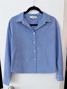 LOFT Blue and White Striped Button-Up with Embellished Dots